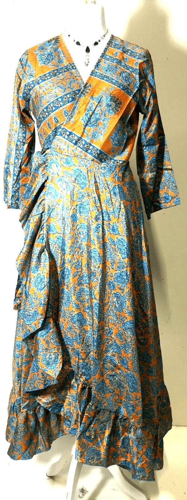 Boho hippy Festival Long Sari Silk pretty summer Wrap Dress UK 8 10 12 Festival Stall LTD