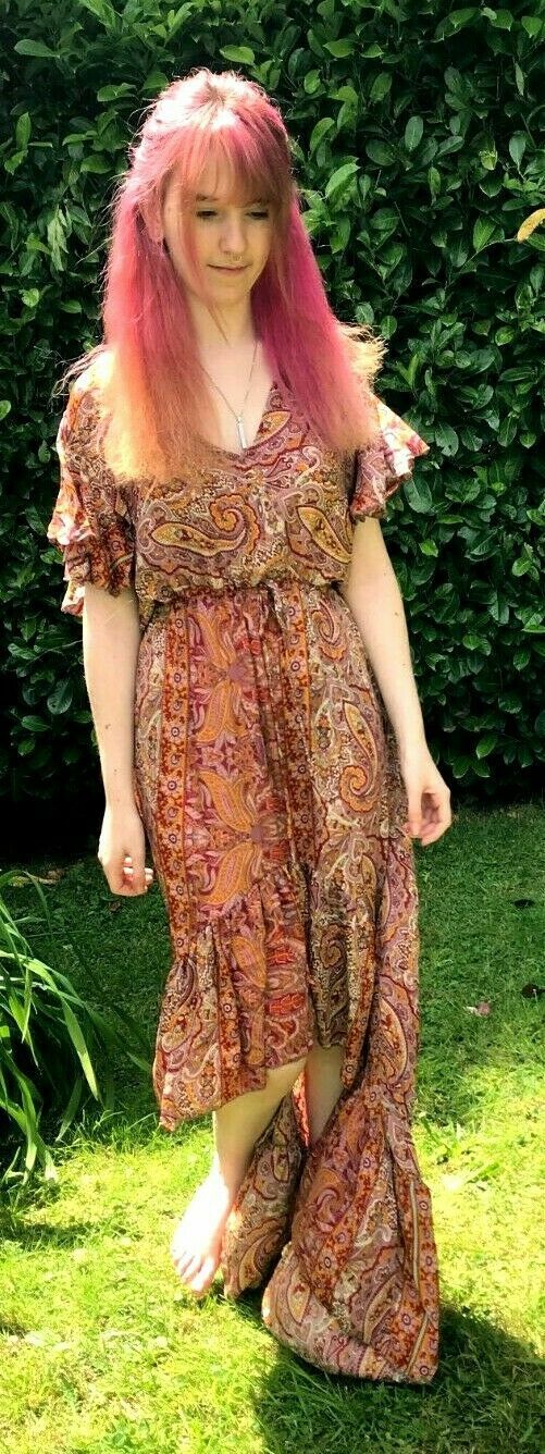 Festival Stall LTD Boho festival Clothing Maxi Dress Long Boho hippy pixie Festival 100% SILK summer PINK RED UK 8 - 14