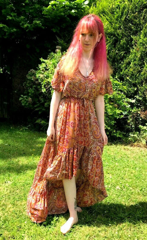 Festival Stall LTD Boho festival Clothing Maxi Dress Long Boho hippy pixie Festival 100% SILK summer PINK RED UK 8 - 14