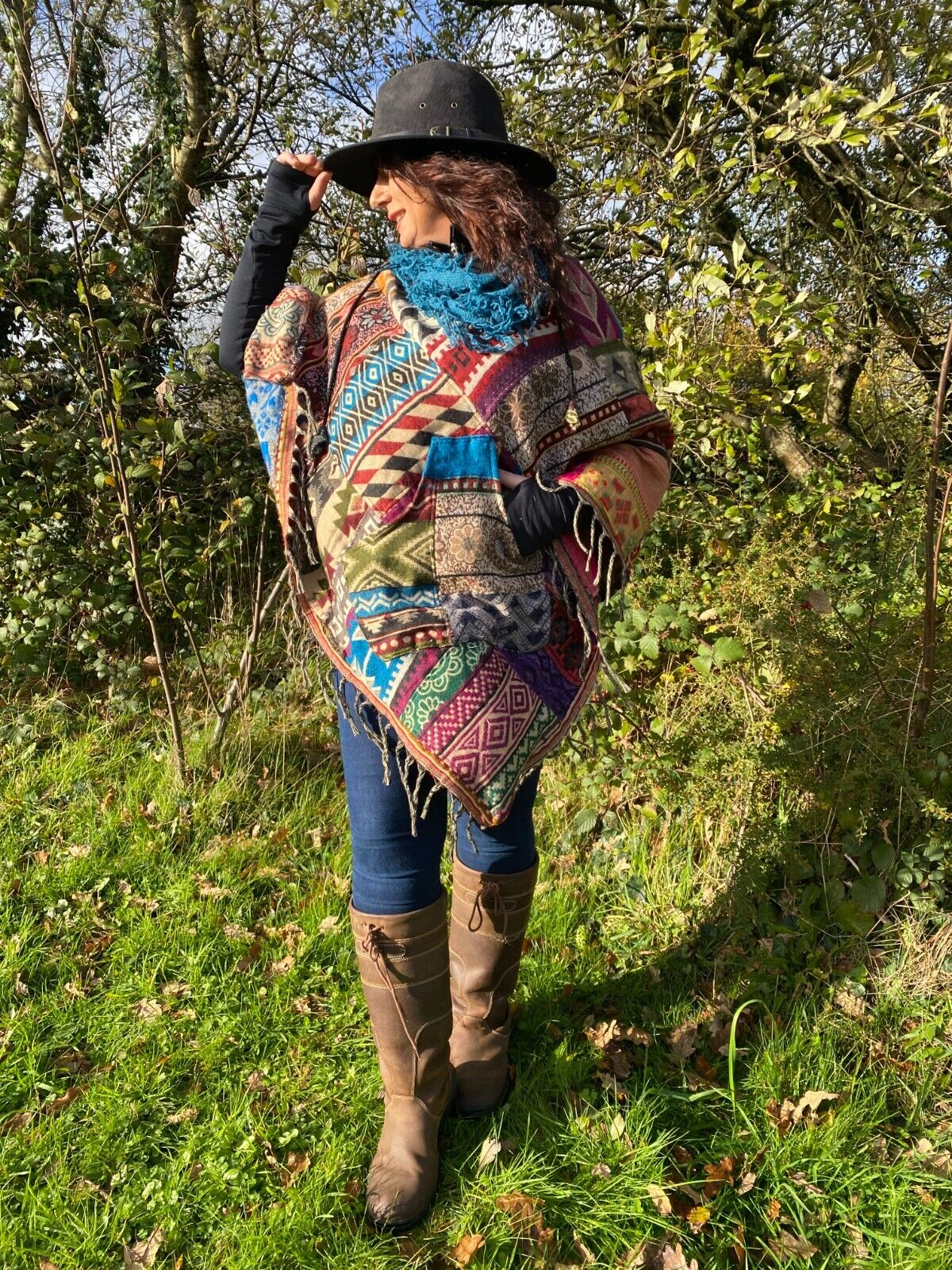 UNIQUE Handmade Poncho patchwork Warm Winter Wrap Cape Shawl Hoodie Jacket gift