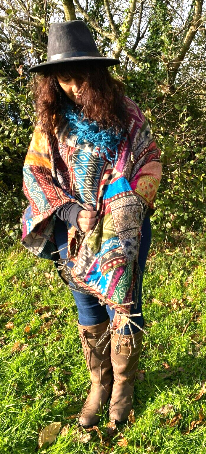 UNIQUE Handmade Poncho patchwork Warm Winter Wrap Cape Shawl Hoodie Jacket gift