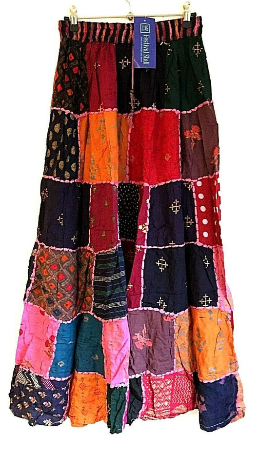 Festival Stall LTD Boho festival Clothing LONG PATCHWORK SKIRT Boho hippie Festival Vintage retro maxi One Size 8 - 18