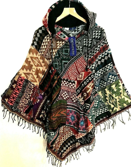 UNIQUE Handmade Poncho patchwork Warm Winter Wrap Cape Shawl Hoodie Jacket gift