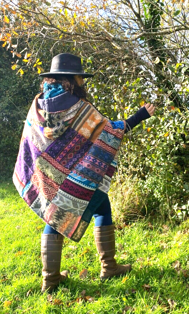 UNIQUE Handmade Poncho patchwork Warm Winter Wrap Cape Shawl Hoodie Jacket gift