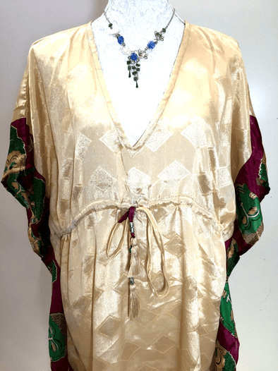 Festival Stall LTD Boho festival Clothing Retro CREAM Tunic Dress Kaftan Cover up Boho hippy festival Sari Silk UK 8 - 18