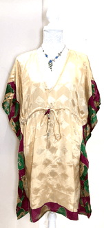 Festival Stall LTD Boho festival Clothing Retro CREAM Tunic Dress Kaftan Cover up Boho hippy festival Sari Silk UK 8 - 18