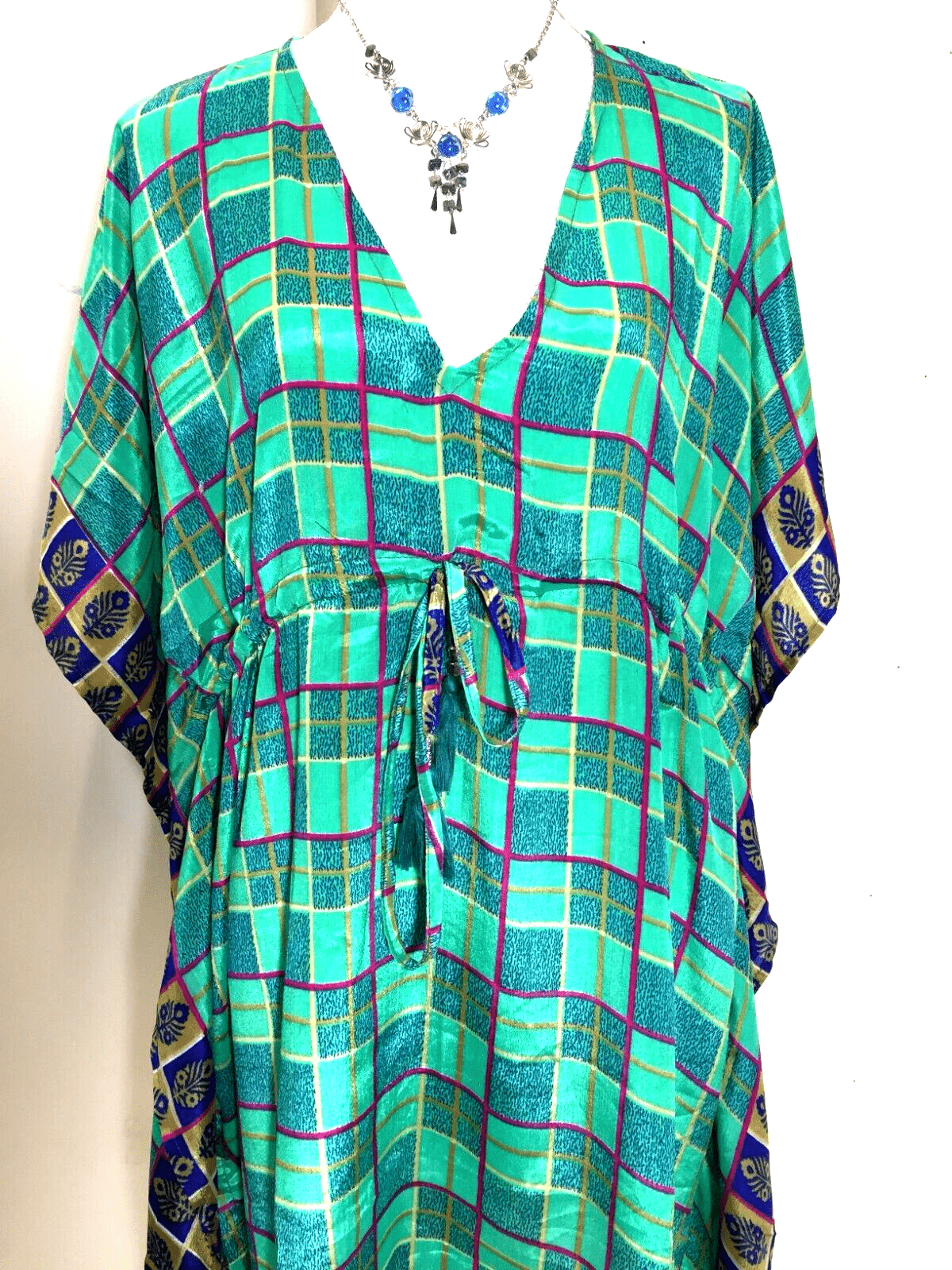 Festival Stall LTD Boho festival Clothing GREEN Tunic Dress Kaftan blouse Boho hippy festival Sari Silk Cover up UK 8 - 18