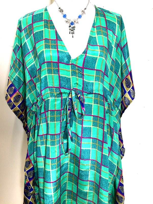 GREEN Tunic Dress Kaftan  blouse Boho hippy festival Sari Silk Cover up UK 8 -18