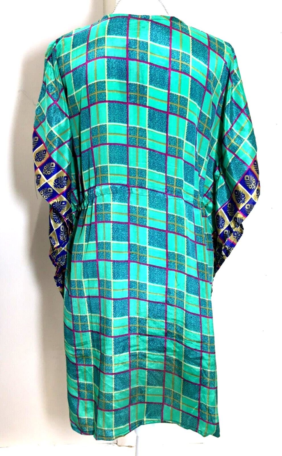 GREEN Tunic Dress Kaftan  blouse Boho hippy festival Sari Silk Cover up UK 8 -18