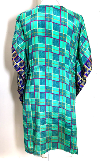 GREEN Tunic Dress Kaftan  blouse Boho hippy festival Sari Silk Cover up UK 8 -18