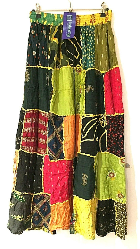 LONG PATCHWORK SKIRT Boho hippie Festival Vintage retro maxi One Size 8-18