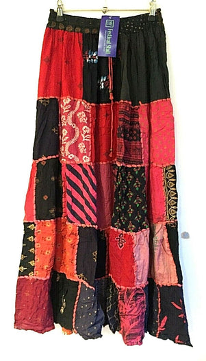 Festival Stall LTD Boho festival Clothing LONG PATCHWORK SKIRT MAXI Boho hippie Festival Red Vintage retro One Size 8 - 18