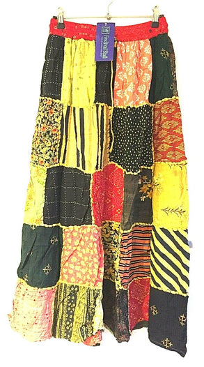 Festival Stall LTD Boho festival Clothing LONG PATCHWORK SKIRT MAXI Boho hippie Festival YellowVintage retro One Size 8 - 18