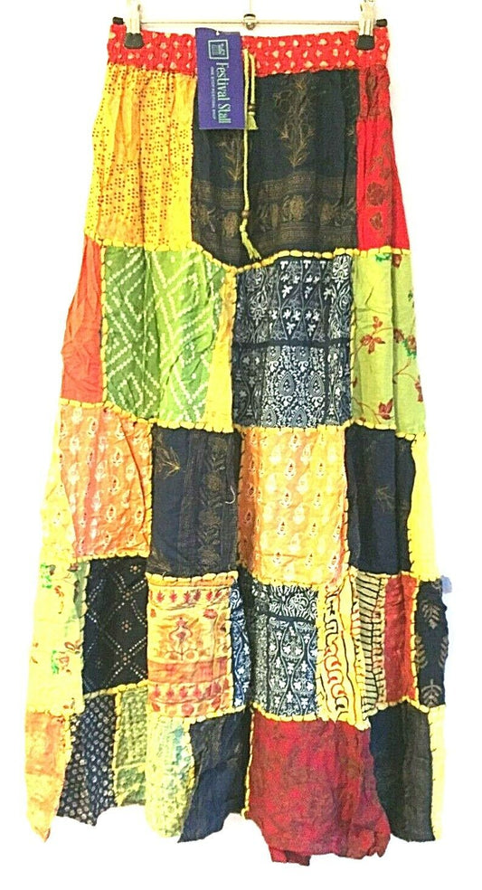 Festival Stall LTD Boho festival Clothing LONG PATCHWORK SKIRT MAXI Boho hippie Festival YellowVintage retro One Size 8 - 18