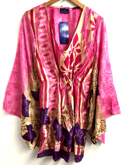 Festival Stall LTD Boho festival Clothing BLOUSE tunic top Boho Hippy Sari Silk PINK retro KAFTAN cover up ONE SIZE 8 - 18