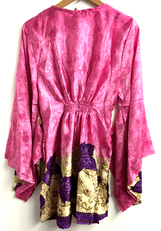 Festival Stall LTD Boho festival Clothing BLOUSE tunic top Boho Hippy Sari Silk PINK retro KAFTAN cover up ONE SIZE 8 - 18