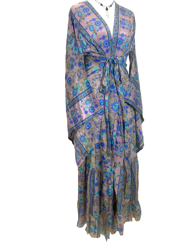 Festival Stall LTD Boho festival Clothing DRESS Boho hippie dusky pink & blue, silk, kimono, wrap, beach cover up, kaftan,