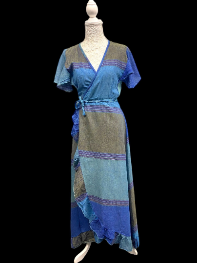 BLUE Wrap Dress Boho hippie festival  Pretty Long casual cotton One size UK 8-14