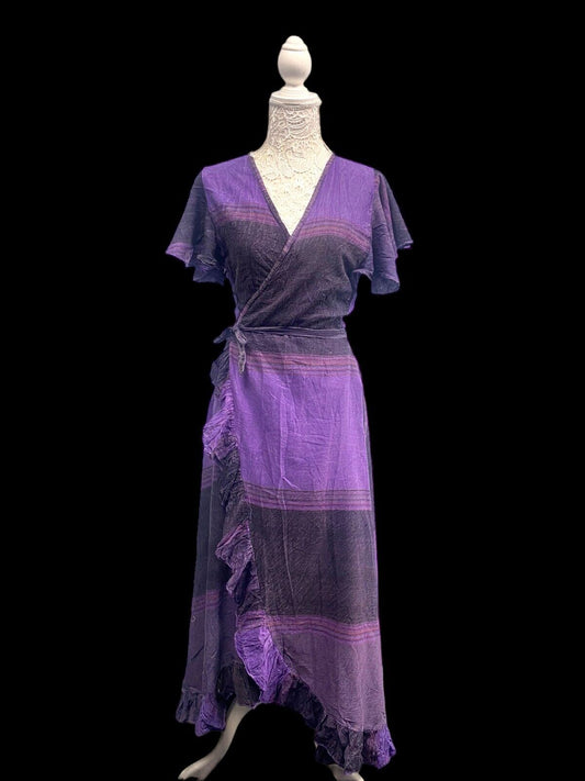 Purple Wrap Dress Boho hippie festival style casual long Summer cotton UK 8-14