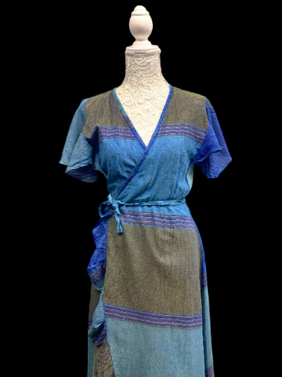 BLUE Wrap Dress Boho hippie festival  Pretty Long casual cotton One size UK 8-14