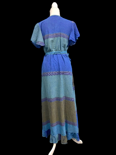 BLUE Wrap Dress Boho hippie festival  Pretty Long casual cotton One size UK 8-14