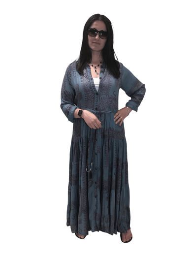 Festival Stall LTD Boho festival Clothing GREY long DRESS, Boho Hippy Festival style, red print UK 10 12 14 ONE SIZE