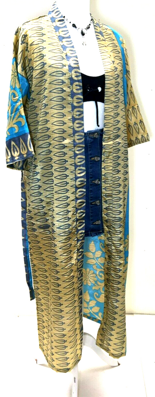 Kimono Dressing gown robe BLUE & GOLD Vintage SARI SILK Boho cover up UK 6-12