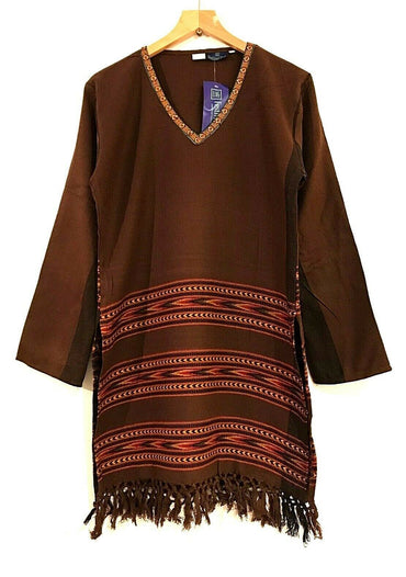 Long Tunic Top Boho Hippie Festival Winter Warm tassel long sleeve BROWN  S M L