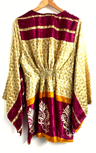 BLOUSE tunic top Boho Hippy Sari Silk RED retro KAFTAN cover up ONE SIZE 8-18