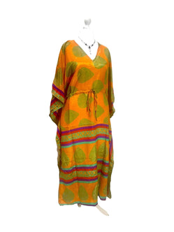 Festival Stall LTD Boho festival Clothing LONG KAFTAN DRESS Boho hippy festival Gold sari silk tunic cover up UK 8 - 18