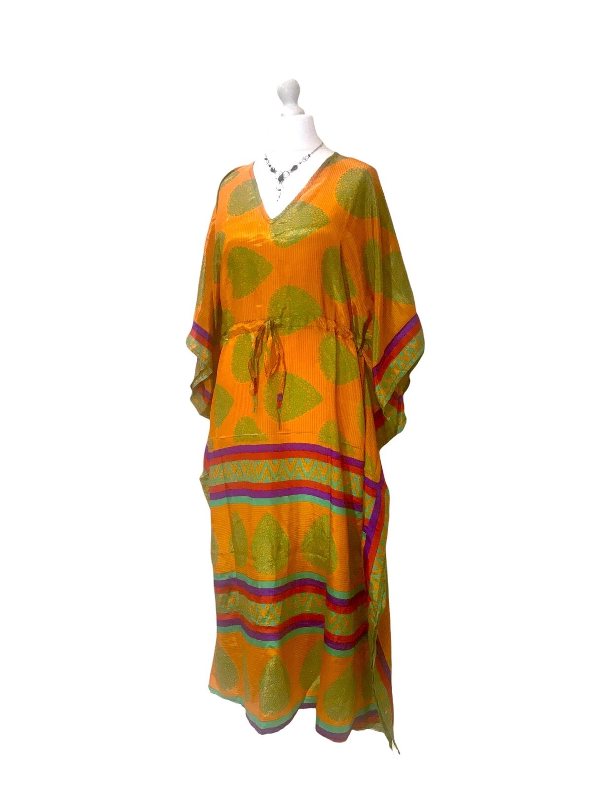 Festival Stall LTD Boho festival Clothing LONG KAFTAN DRESS Boho hippy festival Gold sari silk tunic cover up UK 8 - 18