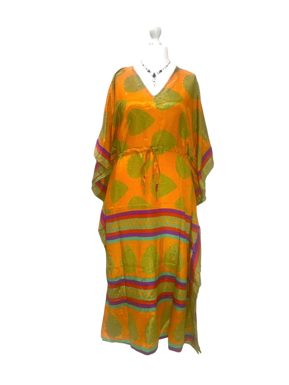 Festival Stall LTD Boho festival Clothing LONG KAFTAN DRESS Boho hippy festival Gold sari silk tunic cover up UK 8 - 18