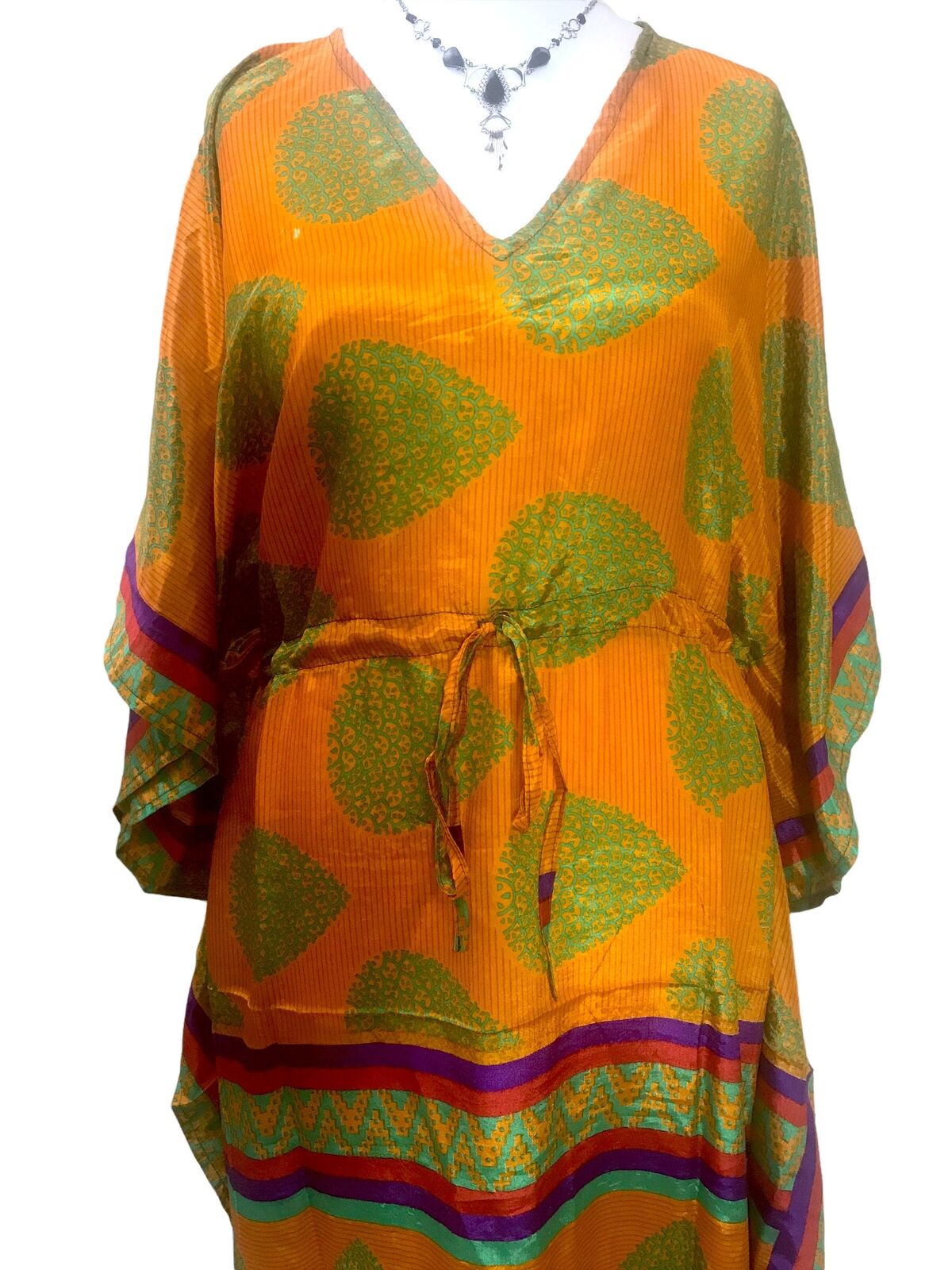 Festival Stall LTD Boho festival Clothing LONG KAFTAN DRESS Boho hippy festival Gold sari silk tunic cover up UK 8 - 18