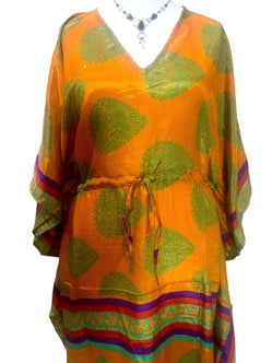 Festival Stall LTD Boho festival Clothing LONG KAFTAN DRESS Boho hippy festival Gold sari silk tunic cover up UK 8 - 18