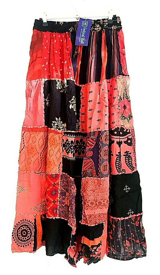 Festival Stall LTD Boho festival Clothing LONG PATCHWORK SKIRT MAXI Boho hippie Festival Red Vintage retro One Size 8 - 18