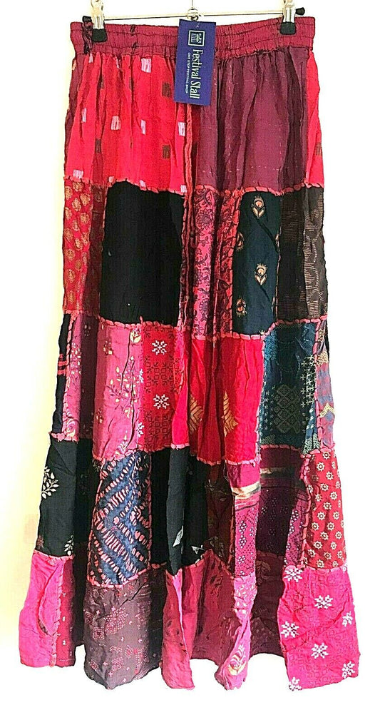 Festival Stall LTD Boho festival Clothing LONG PATCHWORK SKIRT MAXI Boho hippie Festival Red Vintage retro One Size 8 - 18