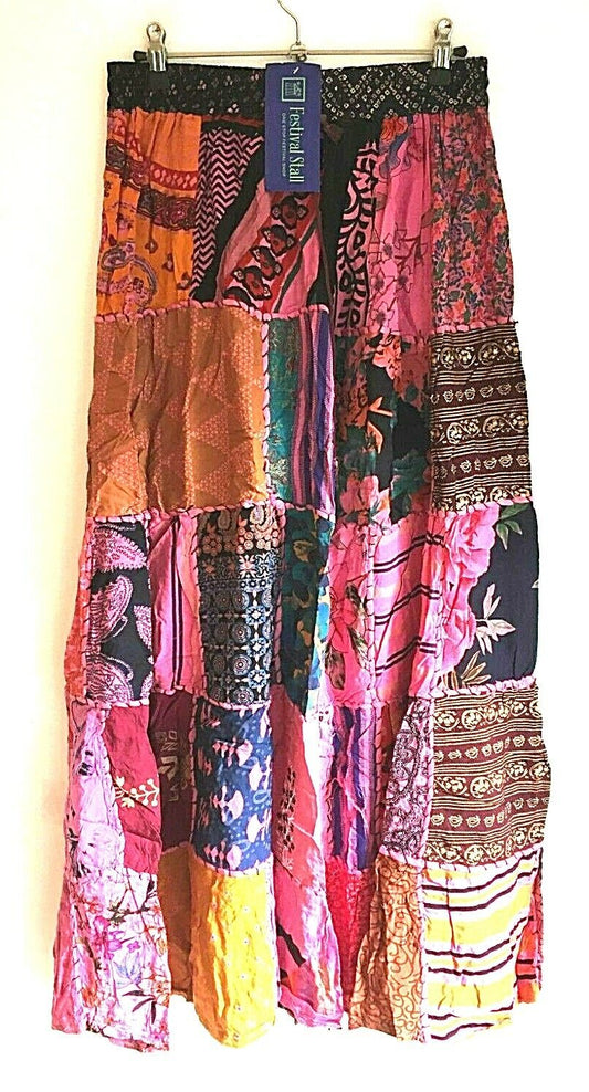 Festival Stall LTD Boho festival Clothing LONG PATCHWORK SKIRT MAXI Boho hippie Festival Pink Vintage retro One Size 8 - 18