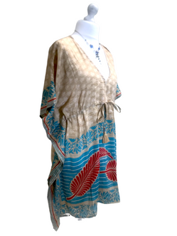 Tunic Kaftan Top short dress  BLUE Boho hippy festival vintage Sari Silk UK 8-18