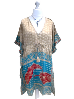 Tunic Kaftan Top short dress  BLUE Boho hippy festival vintage Sari Silk UK 8-18