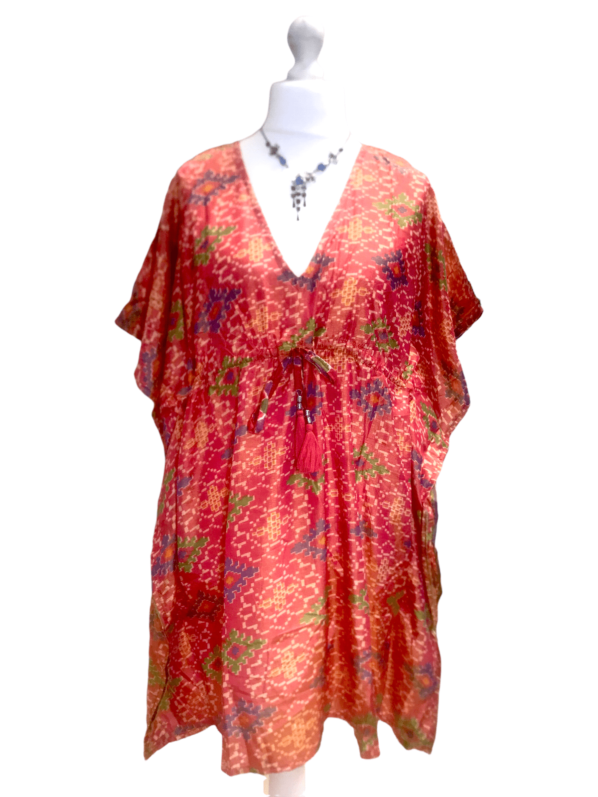 Festival Stall LTD Boho festival Clothing Tunic Kaftan Top short dress RED Boho hippy festival vintage Sari Silk UK 8 - 18