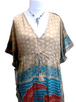 Tunic Kaftan Top short dress  BLUE Boho hippy festival vintage Sari Silk UK 8-18