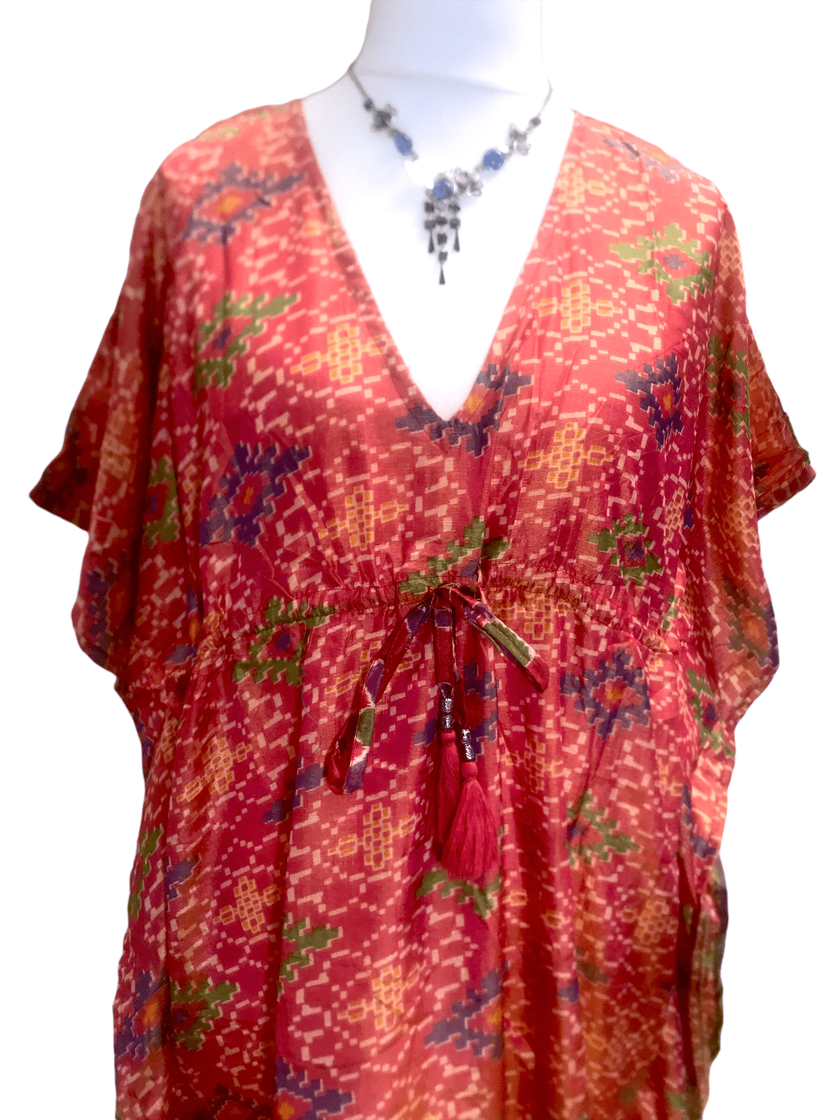 Festival Stall LTD Boho festival Clothing Tunic Kaftan Top short dress RED Boho hippy festival vintage Sari Silk UK 8 - 18