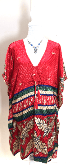 Festival Stall LTD Boho festival Clothing Kaftan Tunic Dress Top blouse RED Boho hippy festival Sari Silk Cover up 8 - 18