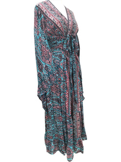 Boho hippy blue silk kimono wrap beach cover up kaftan dress uk 8 10 12 14 16 18