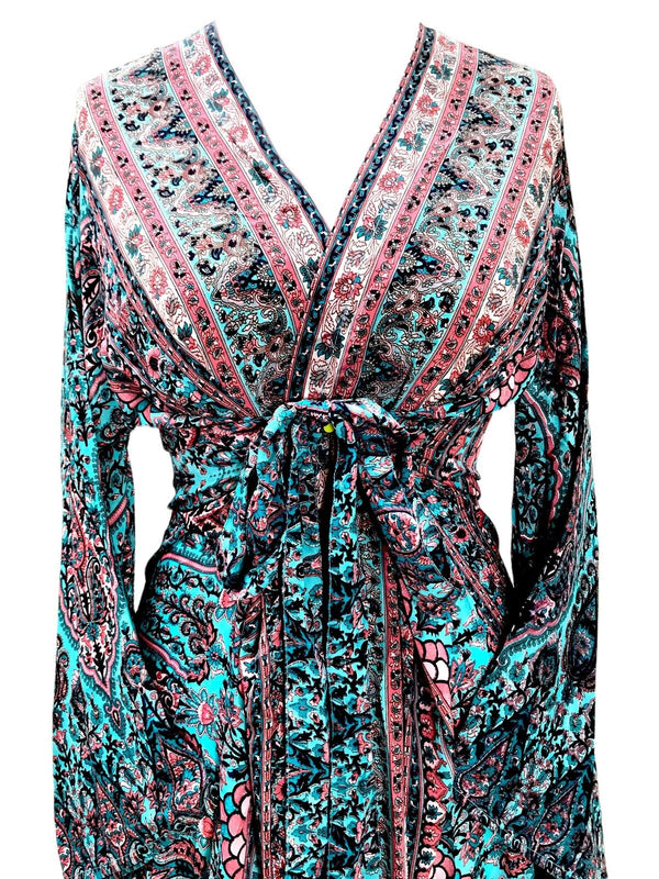 Boho hippy blue silk kimono wrap beach cover up kaftan dress uk 8 10 12 14 16 18