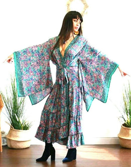 Boho hippy blue silk kimono wrap beach cover up kaftan dress uk 8 10 12 14 16 18