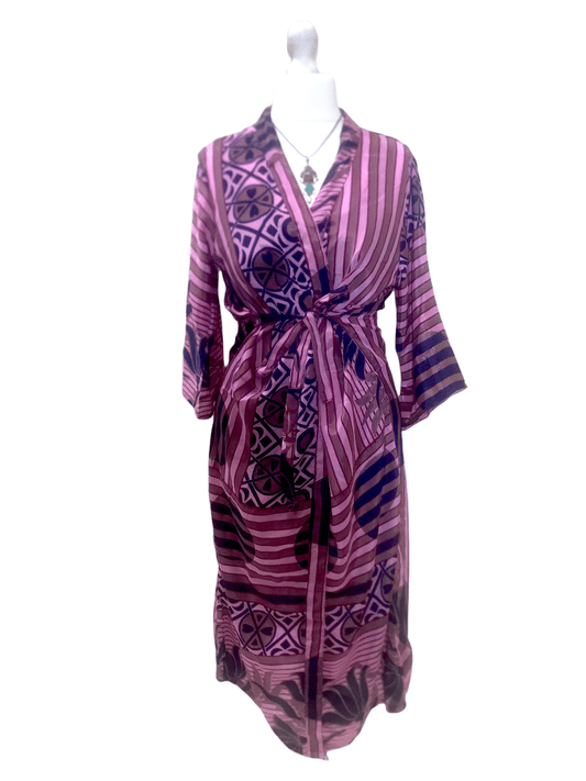 Festival Stall LTD Boho festival Clothing PURPLE HANDMADE ROBE Kimono Cover up DRESS recycled INDIAN Sari Silk 6 8 10 12