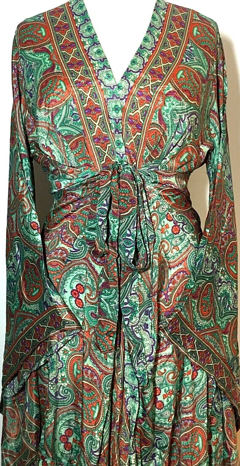 Festival Stall LTD Boho festival Clothing Boho hippie SILK Kimono Cover Up Wrap Long gown robe dress duster coat GREEN RED