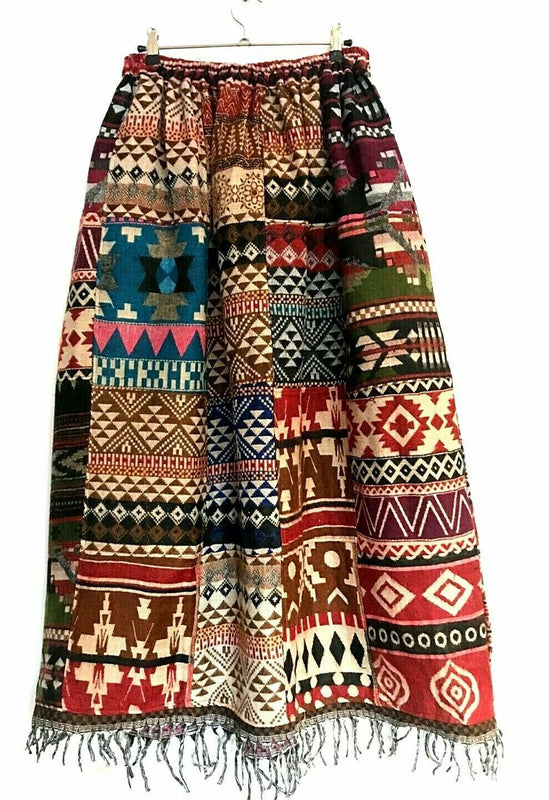 Boho hippie Festival PATCHWORK Skirt Vintage WARM WOOL maxi long 8 10 12 14 16