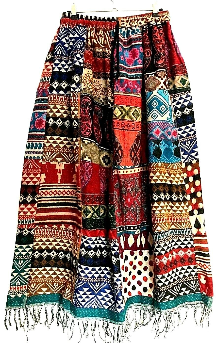 Boho hippie Festival PATCHWORK Skirt Vintage WARM WOOL maxi long 8 10 12 14 16